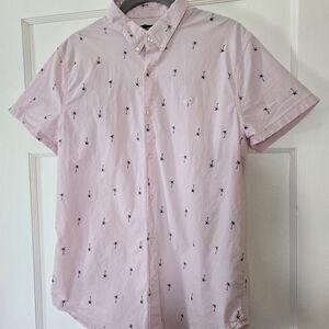 Hollister Pink Short-Sleeve Button-Down Shirt with Navy Palm Trees